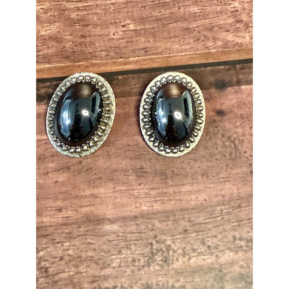 Vintage Whiting & Davis Silver Tone Hematite Clip On Earrings Large